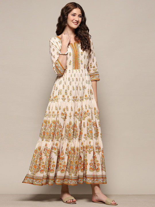 Biba Ethnic Motifs Printed Notched Neck Maxi Cotton Dress for Women