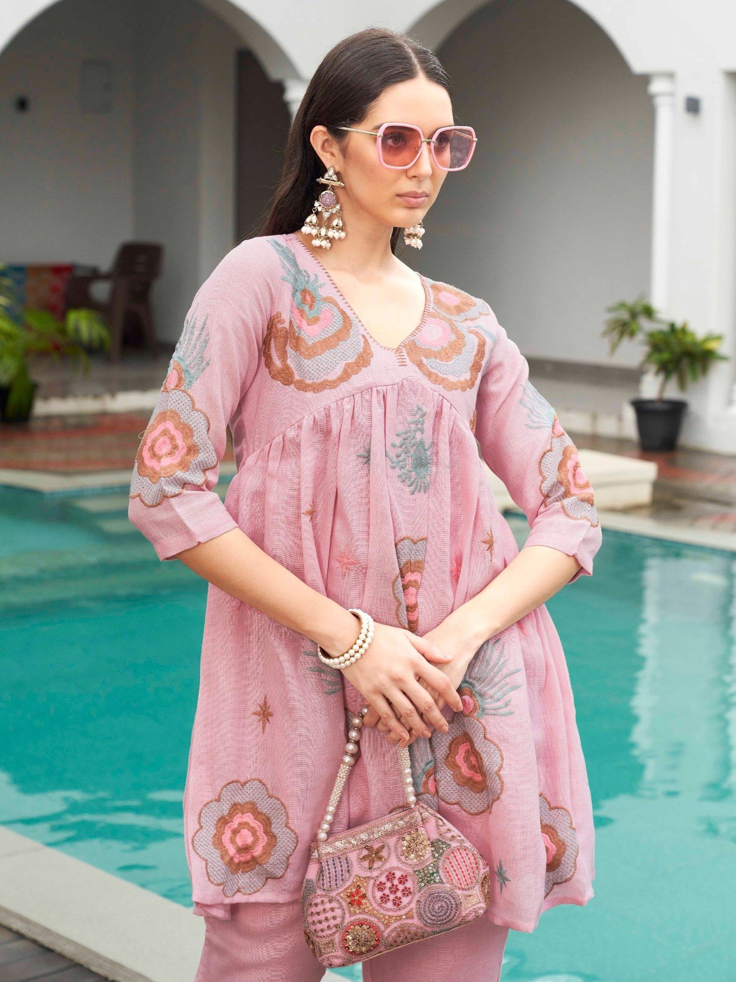 Baby Pink Linen Embroidered Co-Ord (Set of 2)