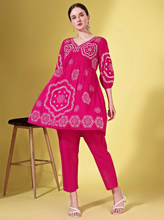 Fuchsia Cotton with White Thread Embroidered Co-Ord (Set of 2)