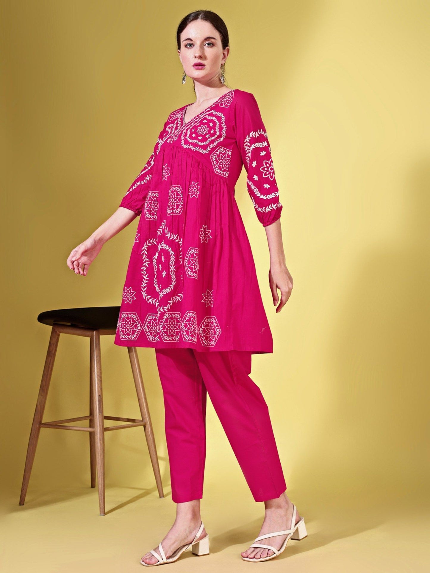 Fuchsia Cotton with White Thread Embroidered Co-Ord (Set of 2)