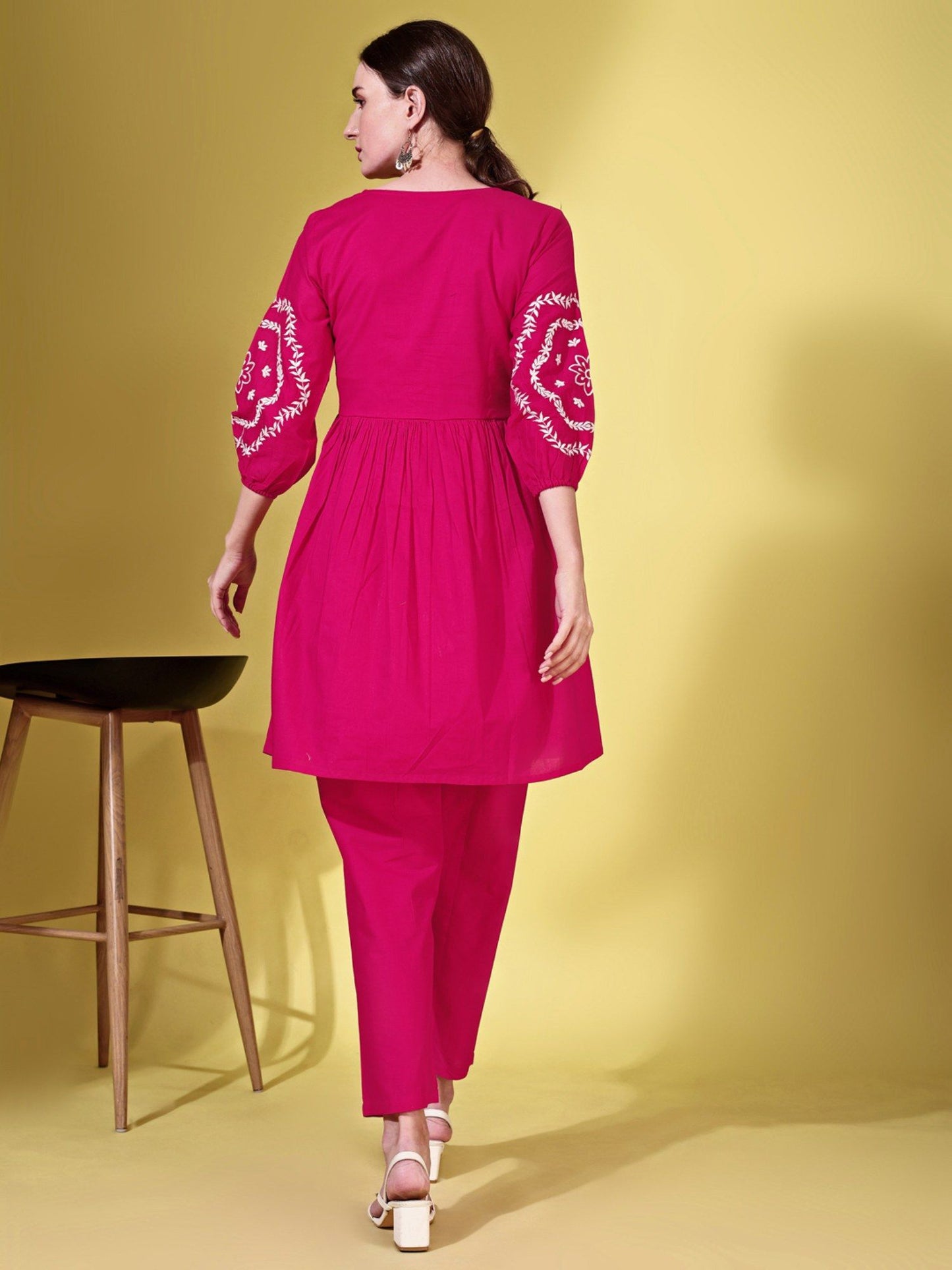Fuchsia Cotton with White Thread Embroidered Co-Ord (Set of 2)