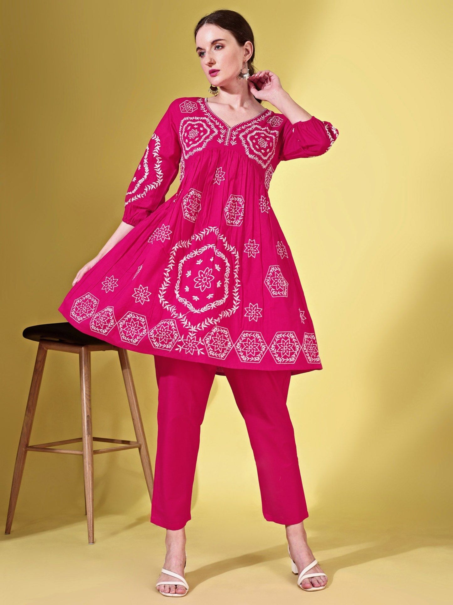 Fuchsia Cotton with White Thread Embroidered Co-Ord (Set of 2)