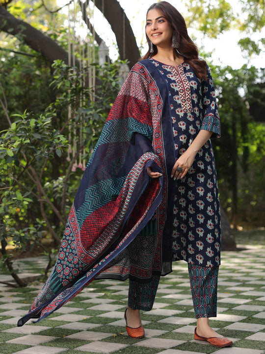 Floral Printed Pure Cotton Straight Kurta With Trouser & Dupatta