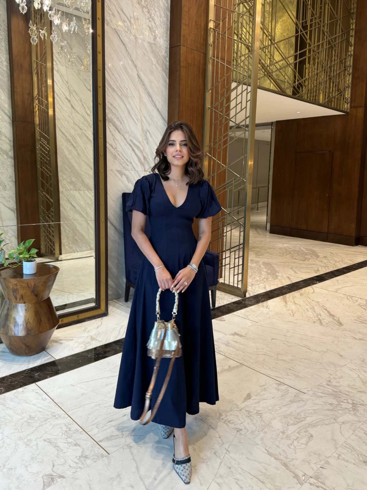 Brezza Navy Blue V-Neck Maxi Dress