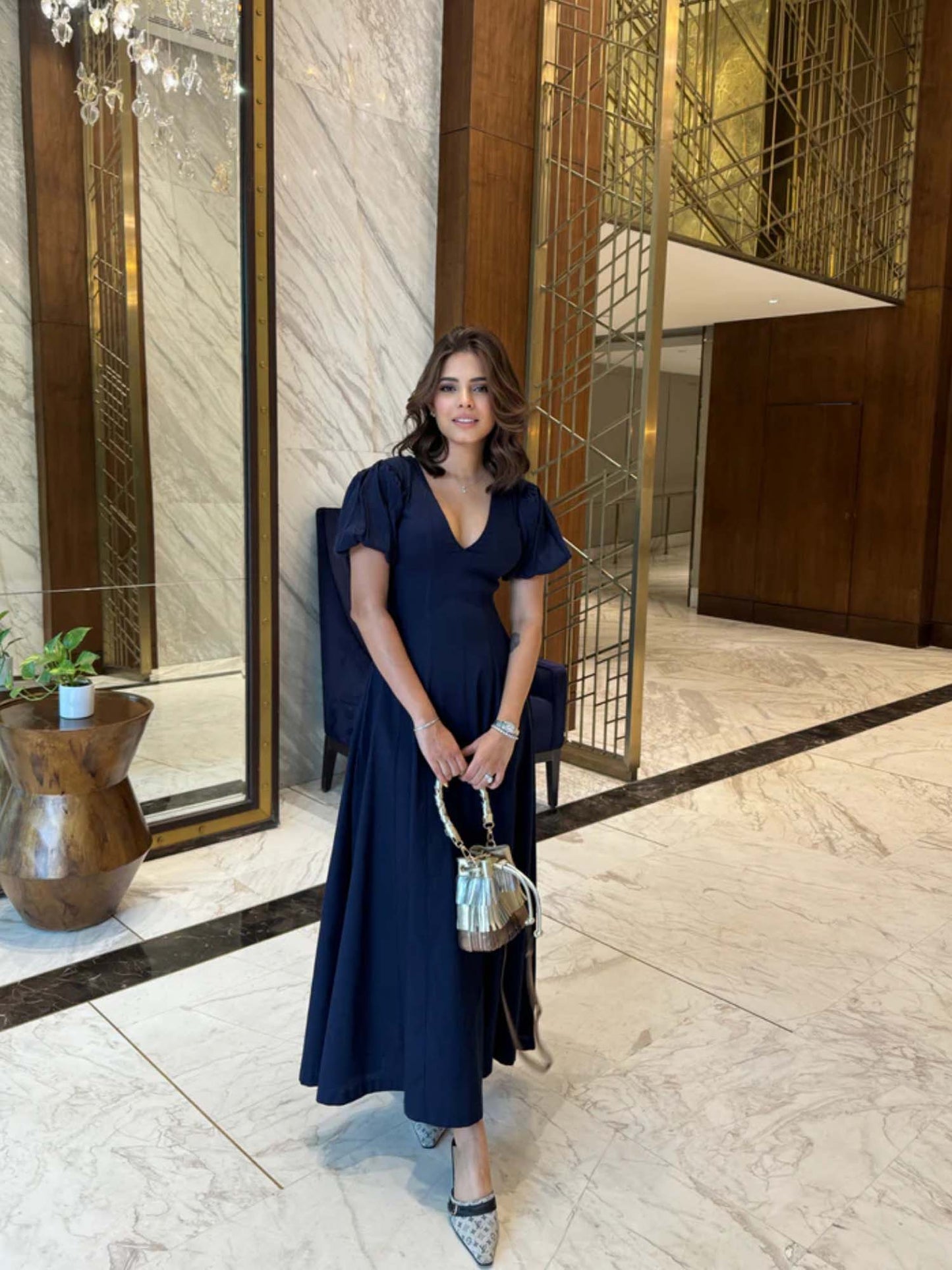 Brezza Navy Blue V-Neck Maxi Dress
