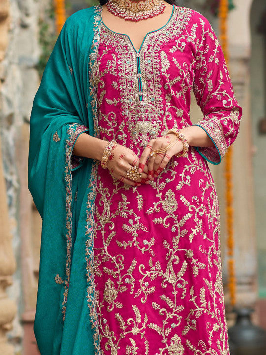 Indo Era Zari Ethnic Motifs Embroidered Notch Neck Straight Kurta With Trousers & Dupatta