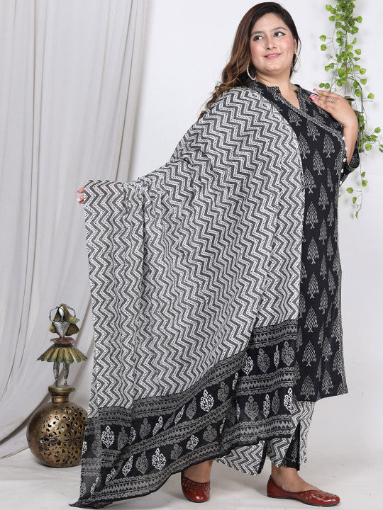 Swasti Plus Size Ethnic Motifs Printed Cotton Angrakha Kurta With Trousers & Dupatta
