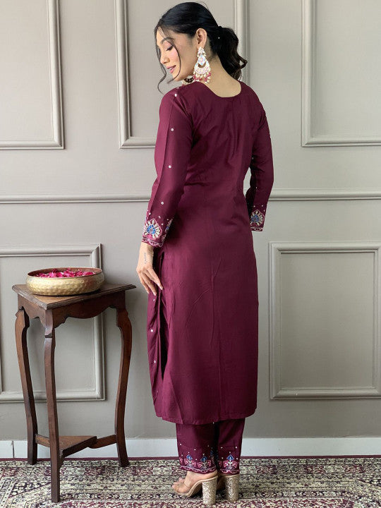 Ethnic Yard Floral Embroidered Pleated Sequinned Straight Kurta With Trouser & Dupatta