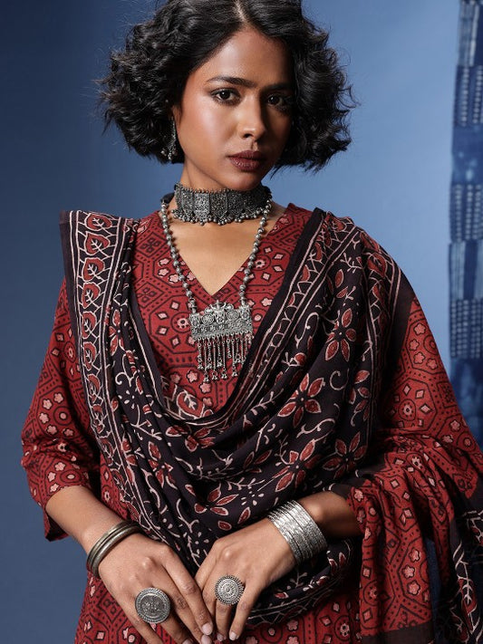 Taavi Ajrakh Floral Printed Kurta With Trousers & With Dupatta
