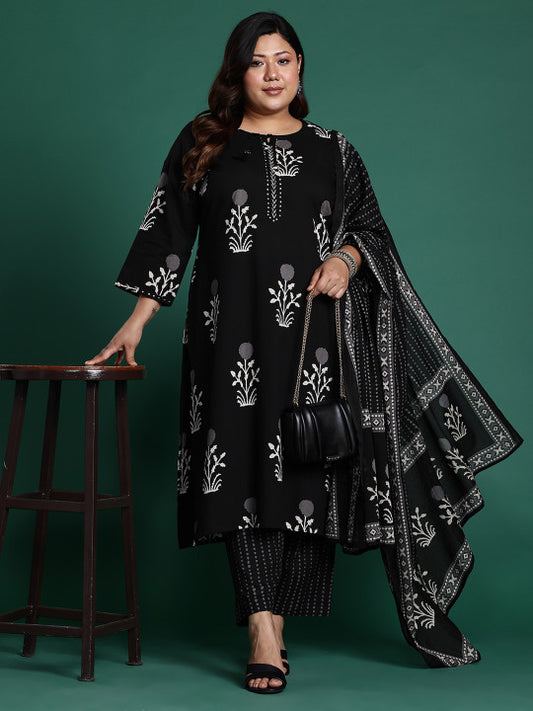 Indo Era Plus Size Floral Printed Sequinned Pure Cotton Kurta with Trousers & With Dupatta
