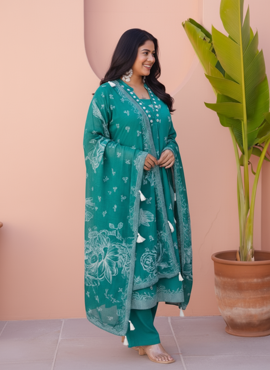 Viscose Butta Flared Teal Kurta