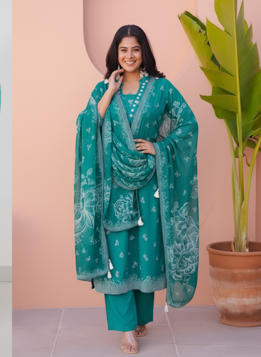 Viscose Butta Flared Teal Kurta