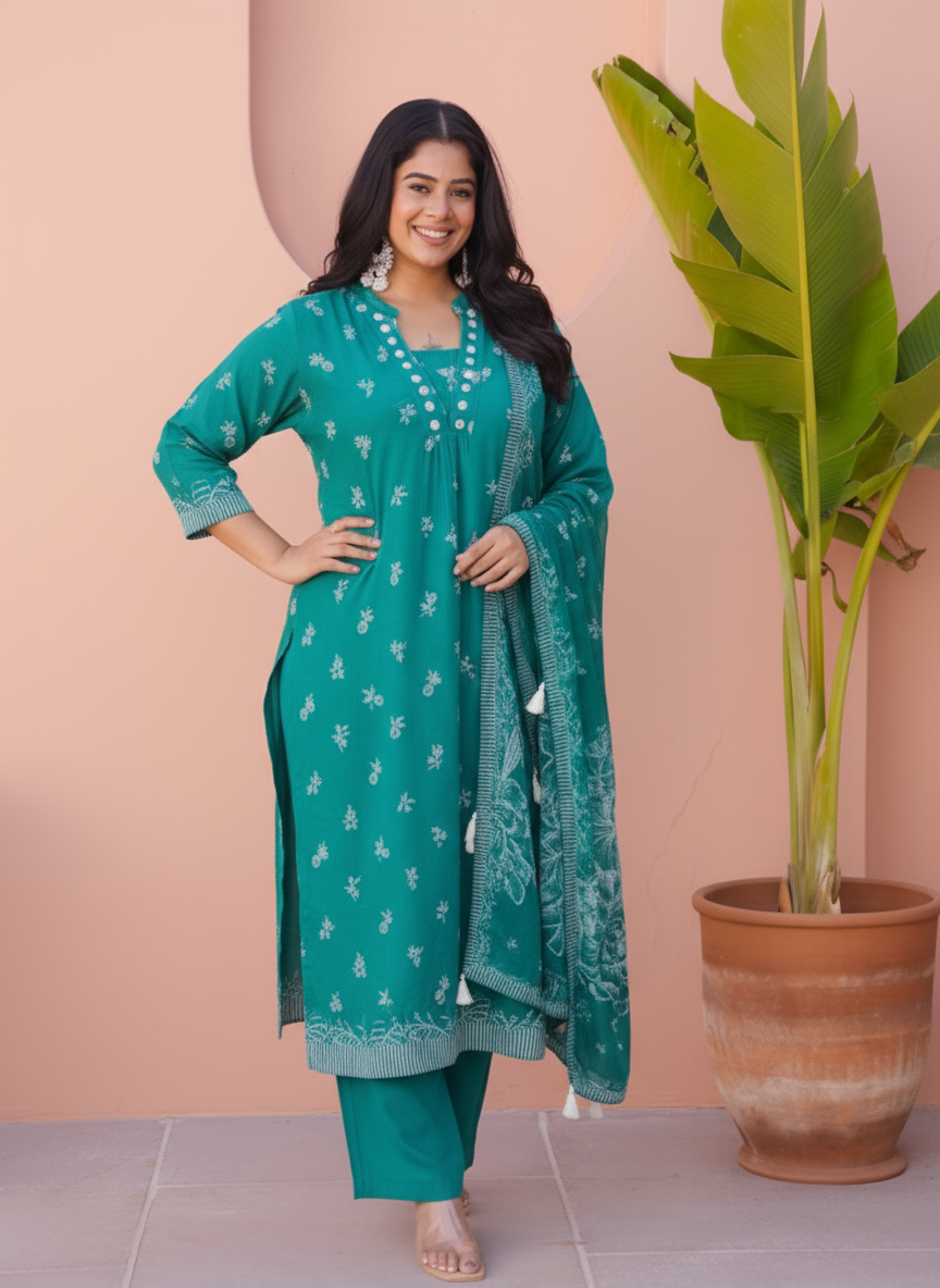 Viscose Butta Flared Teal Kurta