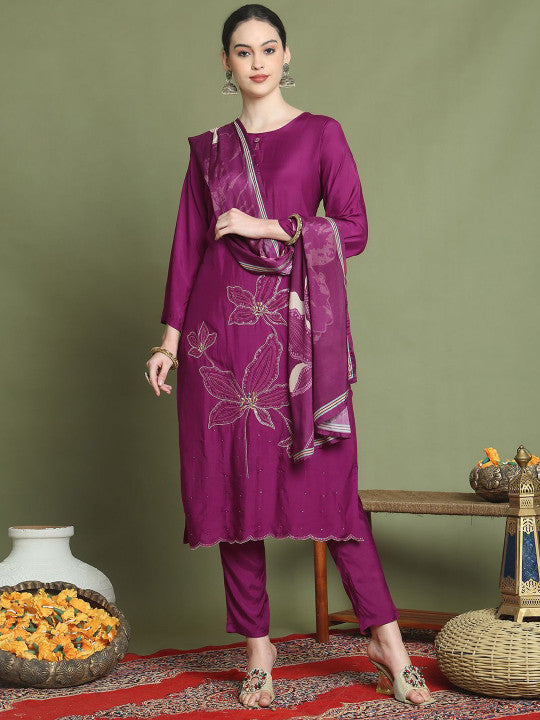 Stylee LIFESTYLE Floral Embroidered Pure Silk Kurta With Trouser And Dupatta