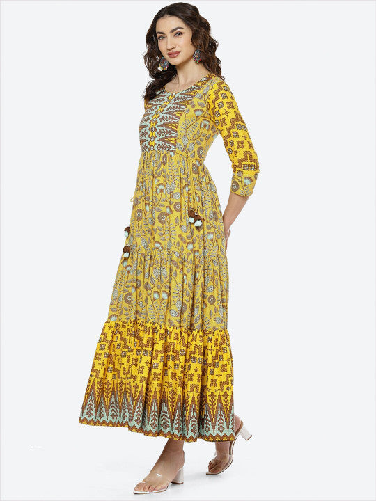 Biba Mustard Yellow Ethnic Motifs Ethnic Maxi Dress
