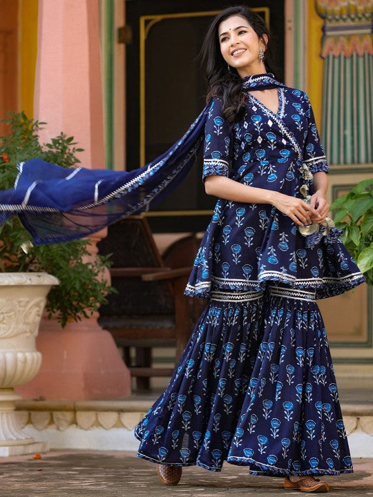 GILLORI Printed Mirror Work Gotta Patti Angrakha Pure Cotton Kurta with Sharara & Dupatta