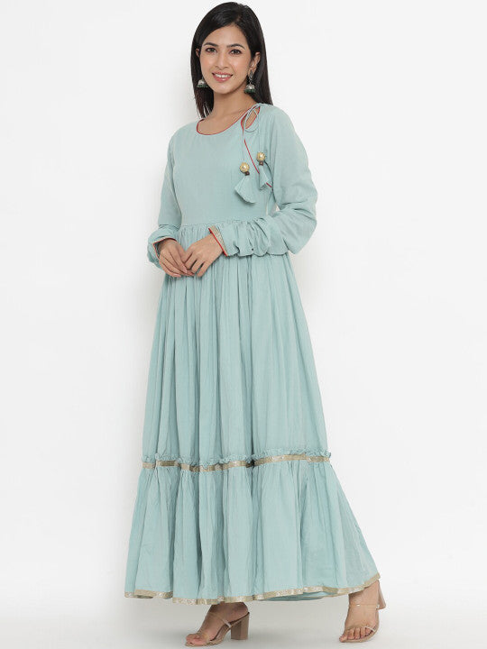Indian Virasat Sea Green Cotton Ethnic Maxi Dress