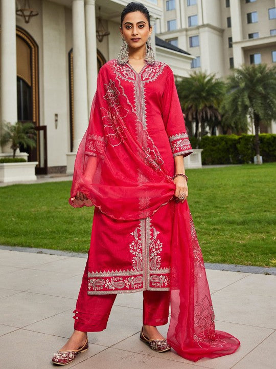 Indo Era Women Floral Embroidered Regular Kurta with Trousers & With Dupatta