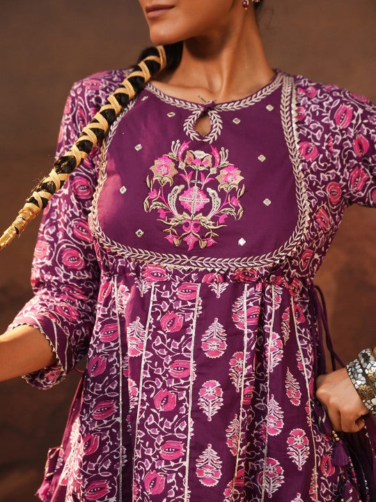 Ishin Floral Printed Keyhole Neck Pure Cotton A-Line Kurta With Sharara & Dupatta