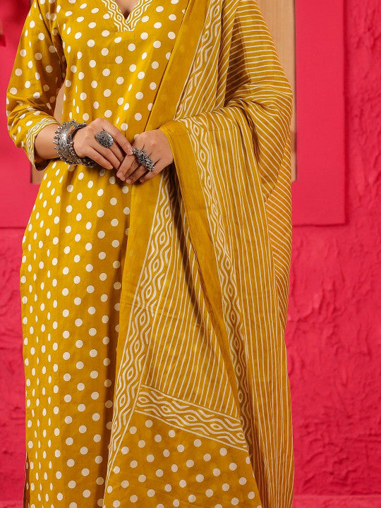 DIMPLE DESIGN STUDIO Women Polka Dots Printed Regular Kurta with Trousers & With Dupatta