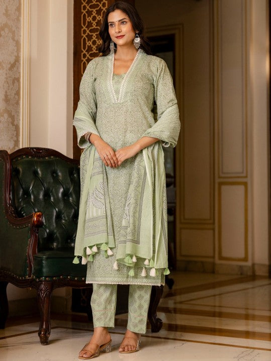 Floral Printed Regular Pure Cotton Kurta with Trousers & With Dupatta