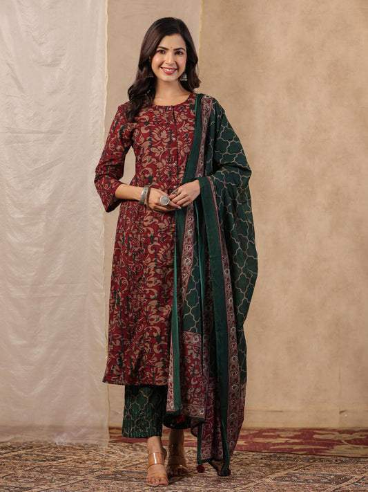 Cotton Button Detailed Floral Printed Maroon Kurta Pant &amp; Printed Dupatta (Set of 3)