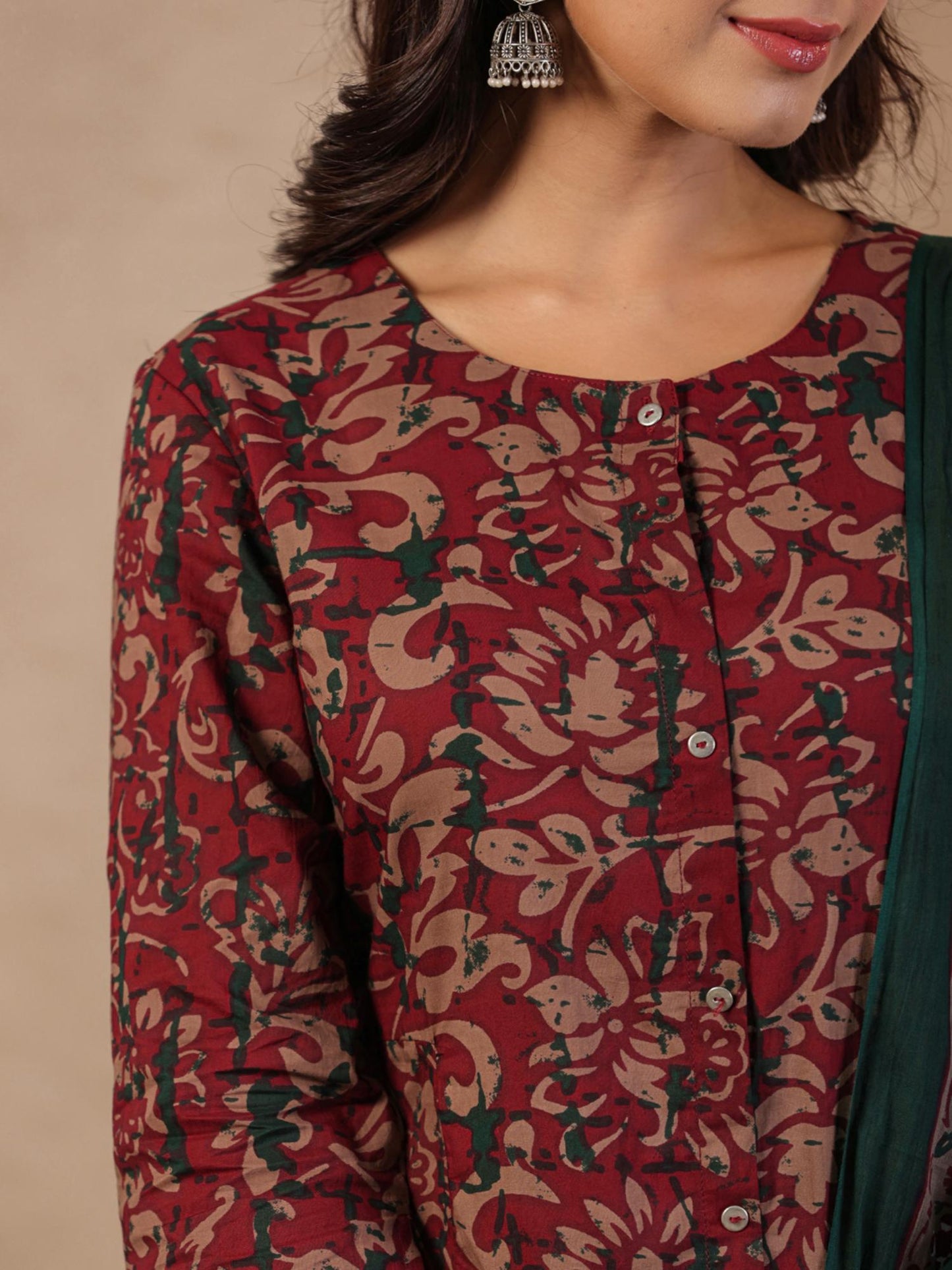 Cotton Button Detailed Floral Printed Maroon Kurta Pant &amp; Printed Dupatta (Set of 3)