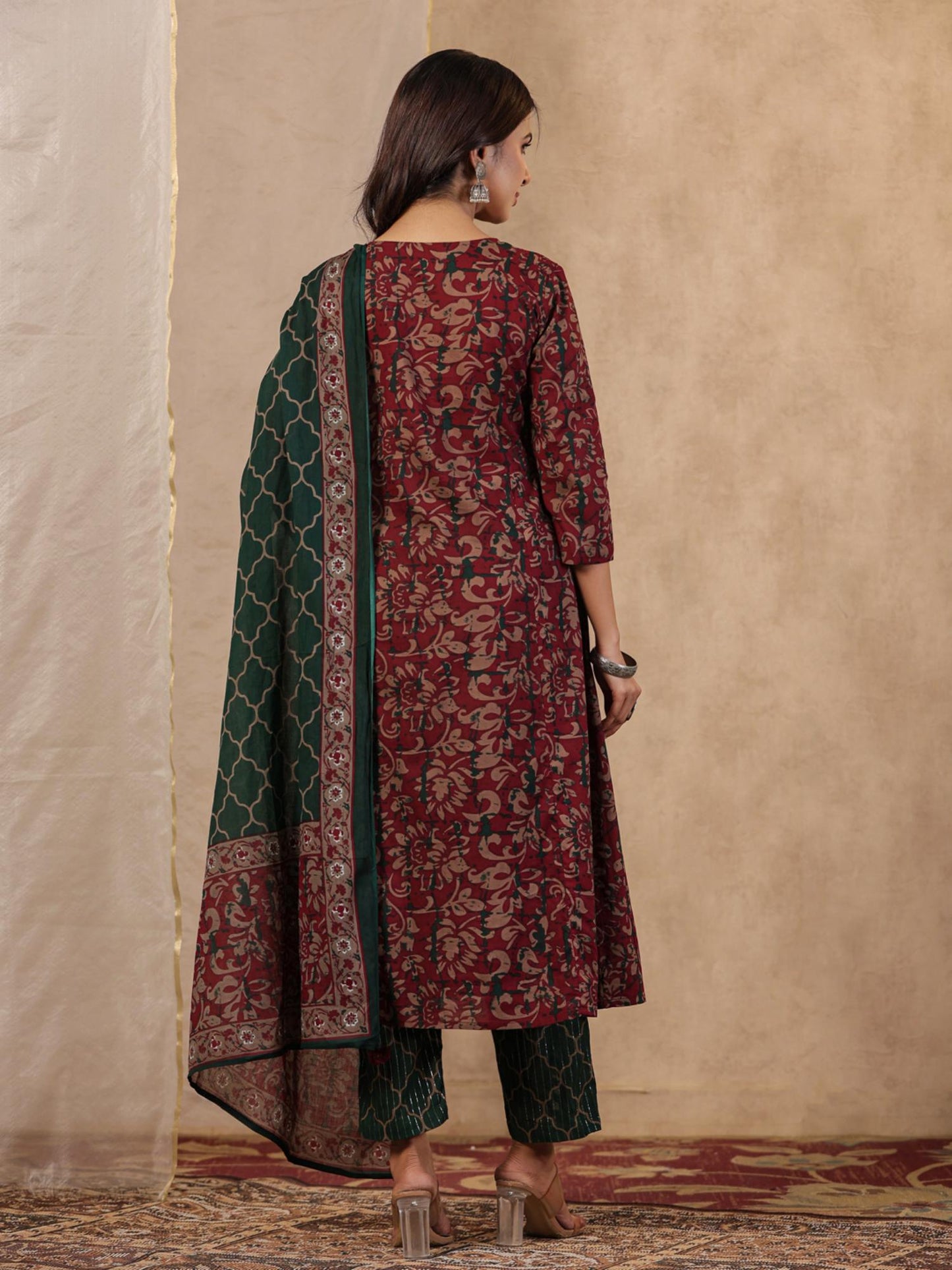 Cotton Button Detailed Floral Printed Maroon Kurta Pant &amp; Printed Dupatta (Set of 3)