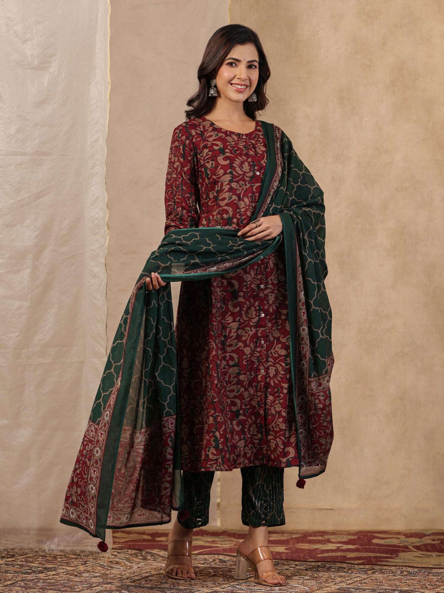 Cotton Button Detailed Floral Printed Maroon Kurta Pant &amp; Printed Dupatta (Set of 3)