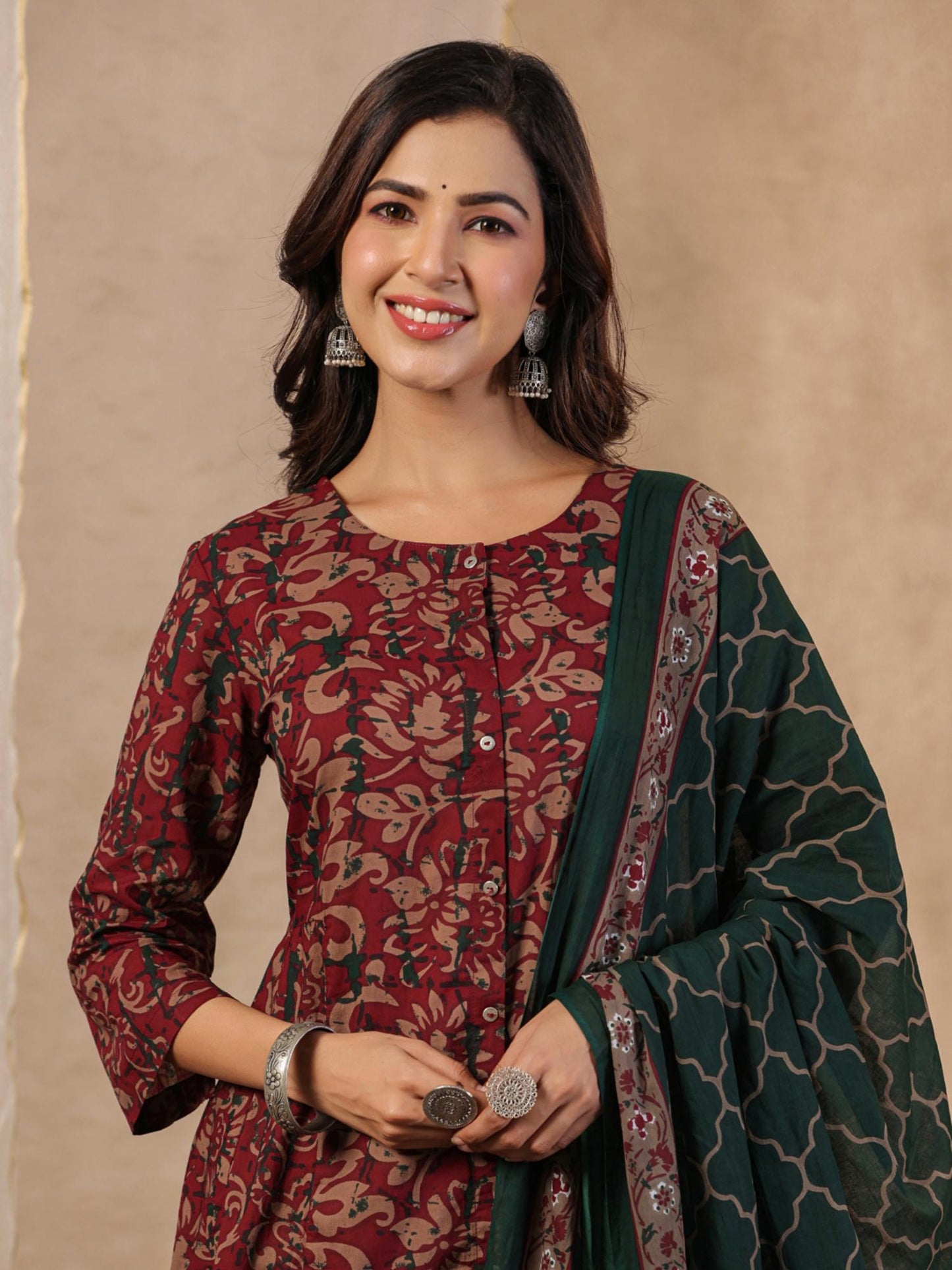 Cotton Button Detailed Floral Printed Maroon Kurta Pant &amp; Printed Dupatta (Set of 3)