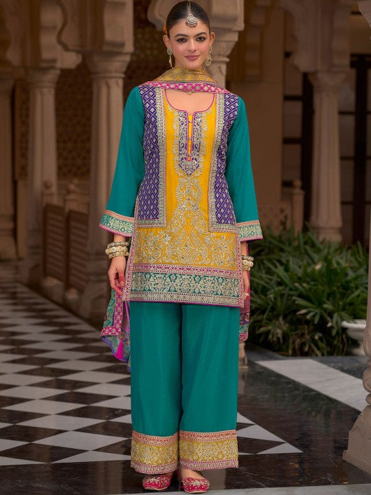 Indo Era Floral Embroidered Notch Neck Mirror Work Kurta