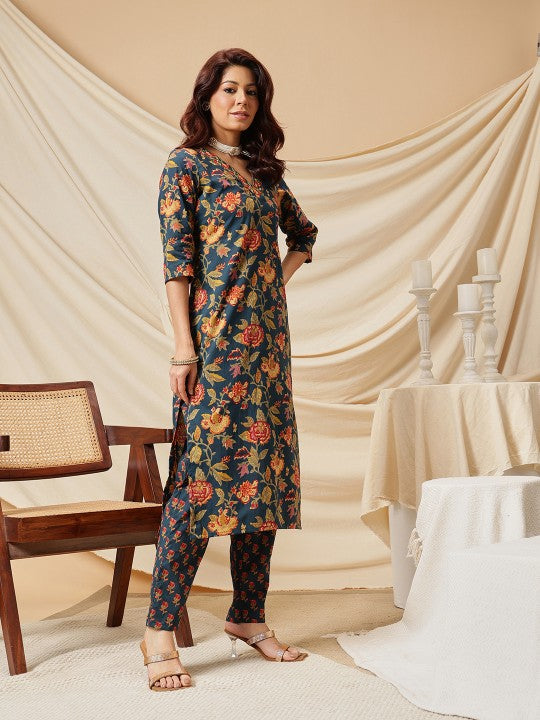 Ginni Arora Label Women Floral Printed Cotton Kurta with Trousers & Dupatta