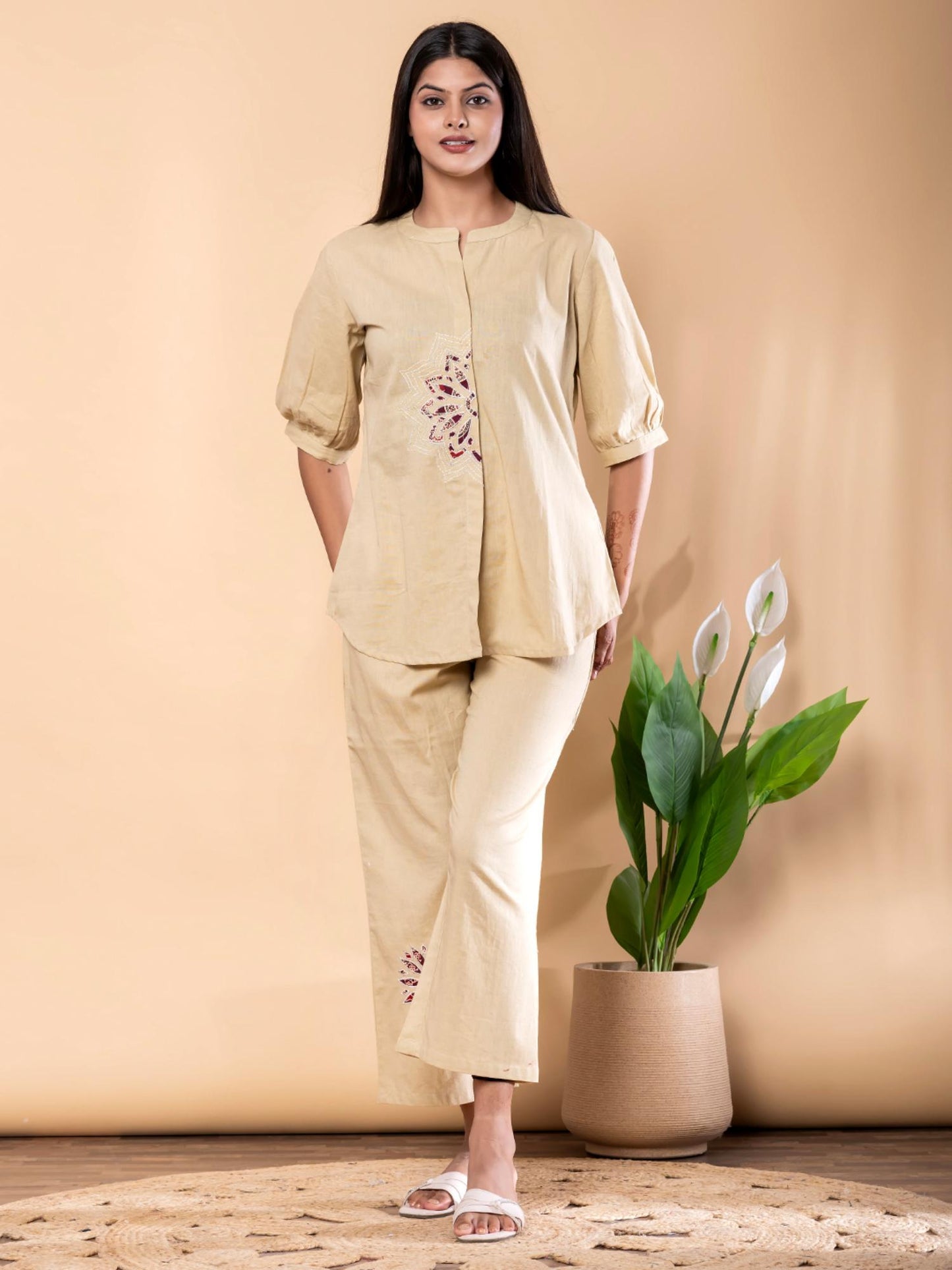 Curved Style Cotton Flex Fabric Khaki Co-Ord Set