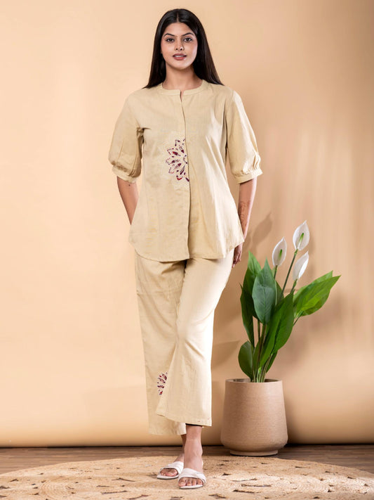Curved Style Cotton Flex Fabric Khaki Co-Ord Set