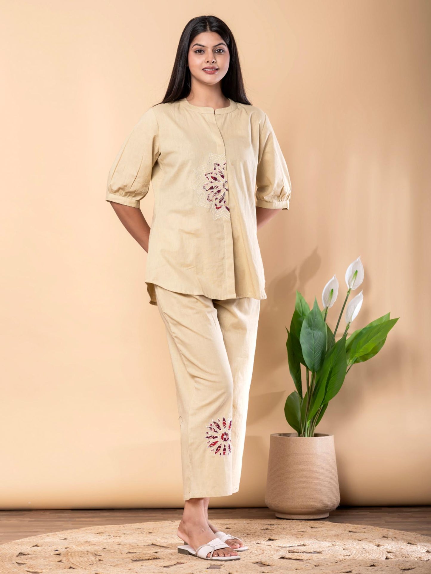 Curved Style Cotton Flex Fabric Khaki Co-Ord Set