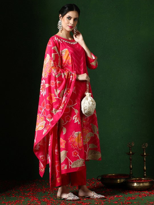 Jaipur Kurti Women Floral Printed  Thread Work  Kurta with Trousers & With Dupatta