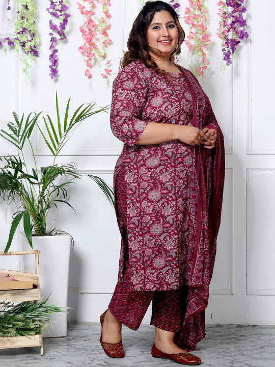 Swasti Plus Size Floral Printed Sequinned Pure Cotton Kurta With Trouser & Dupatta