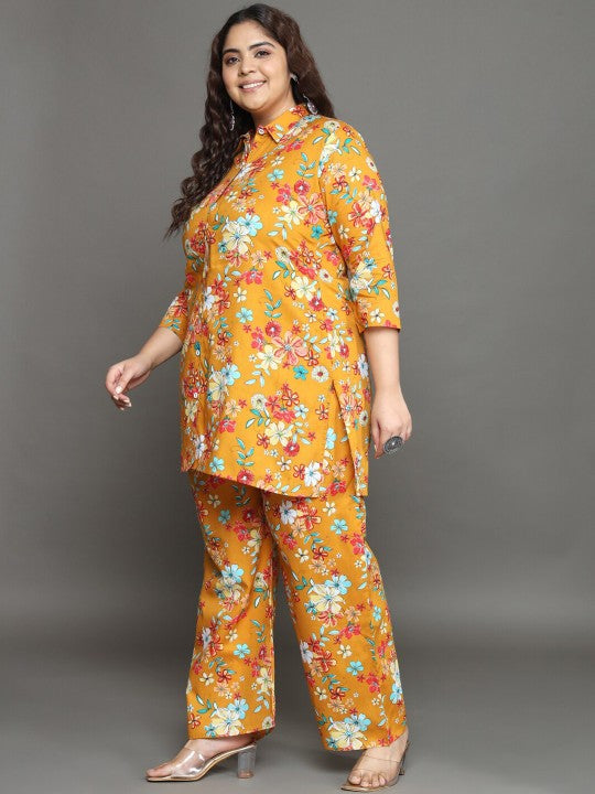 Tissu Plus Size Floral Printed Shirt Collar Ethnic Pure Cotton Top with Palazzos