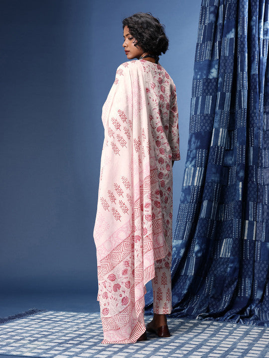 Taavi Block Print Legacy Pure Cotton Floral Printed Kurta With Trousers & With Dupatta