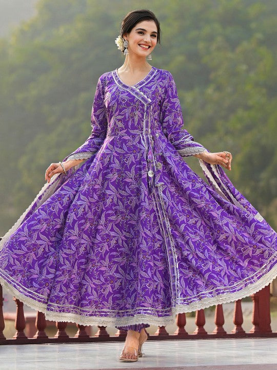 Ishin Floral Printed Angrakha Thread Work Pure Cotton Kurta with Trousers & Dupatta