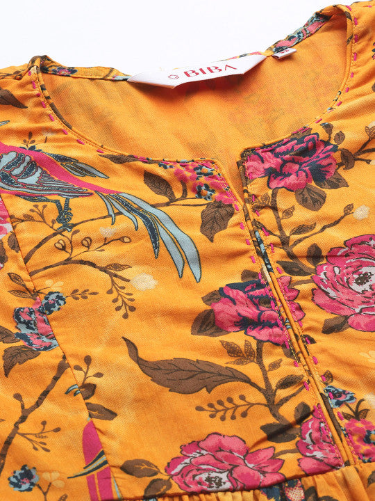 Biba Mustard Yellow Tropical Tiered Midi Dress
