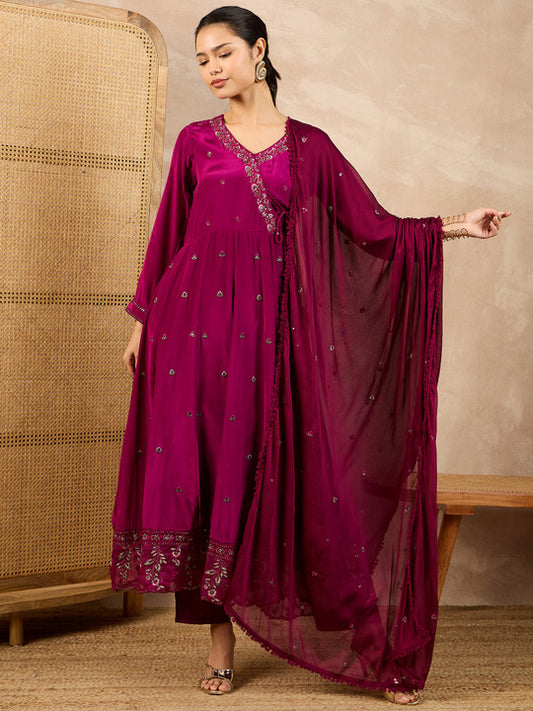 all about you Floral Embroidered Sequinned Anarkali Kurta With Trousers And Dupatta