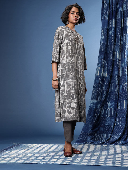 Taavi Geometric Printed Straight Kashish Indigo Kurta with Trousers & With Dupatta