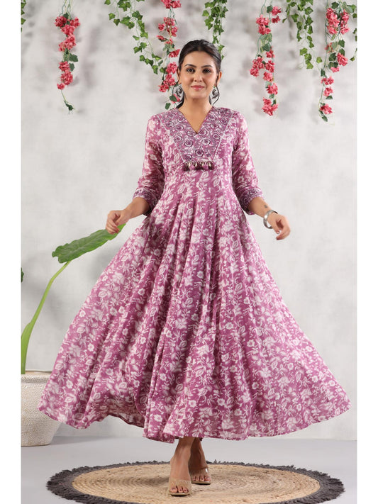 Womens Malmal Printed with Embroidery Anarkali Long Gown Dress (Purple)