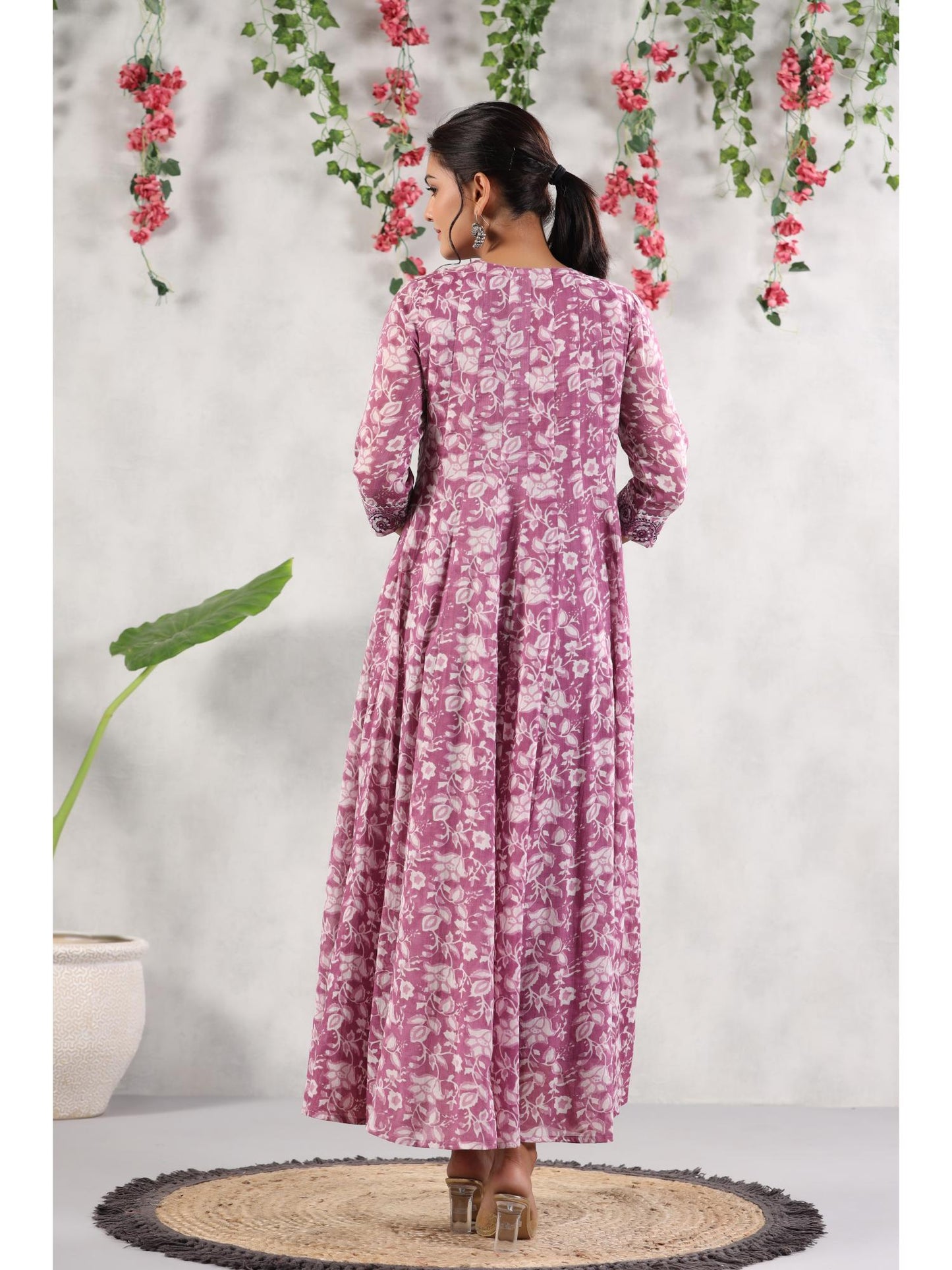 Womens Malmal Printed with Embroidery Anarkali Long Gown Dress (Purple)