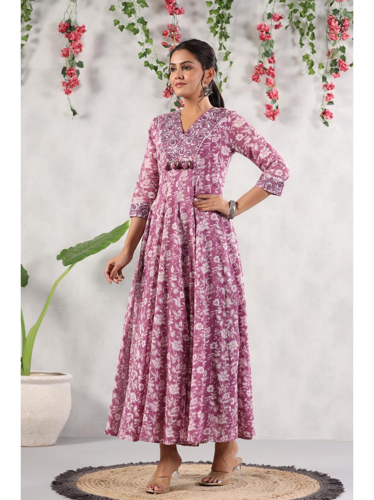 Womens Malmal Printed with Embroidery Anarkali Long Gown Dress (Purple)