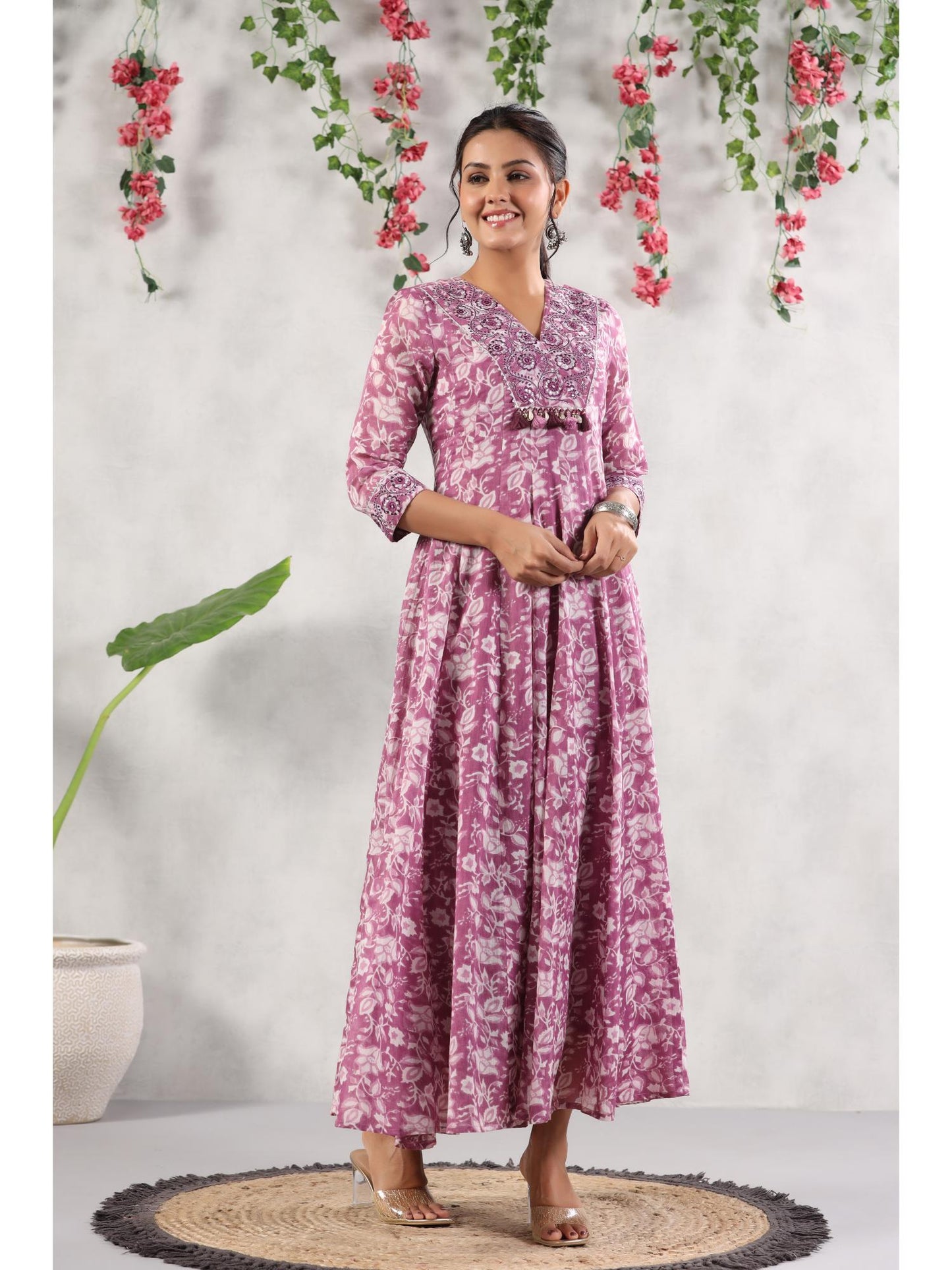 Womens Malmal Printed with Embroidery Anarkali Long Gown Dress (Purple)