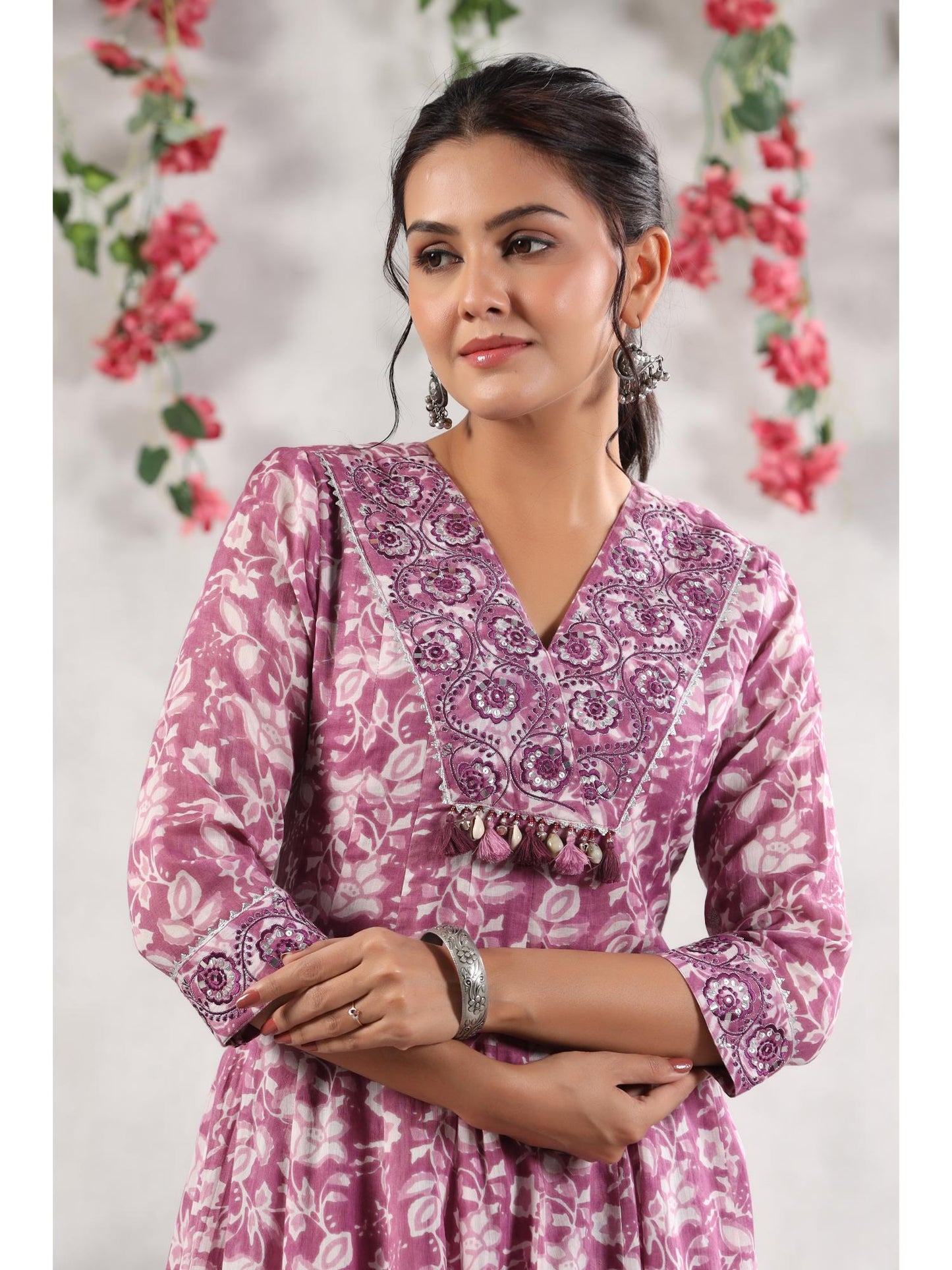 Womens Malmal Printed with Embroidery Anarkali Long Gown Dress (Purple)
