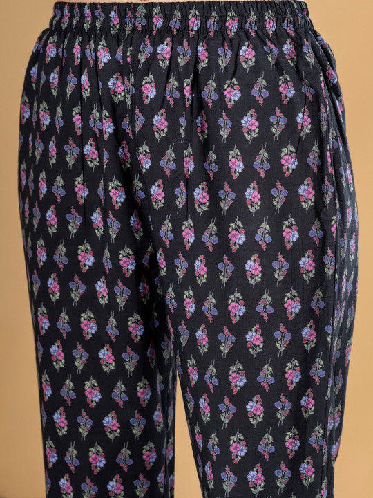 Floral Printed Pure Cotton Straight Kurta With Trouser & Dupatta