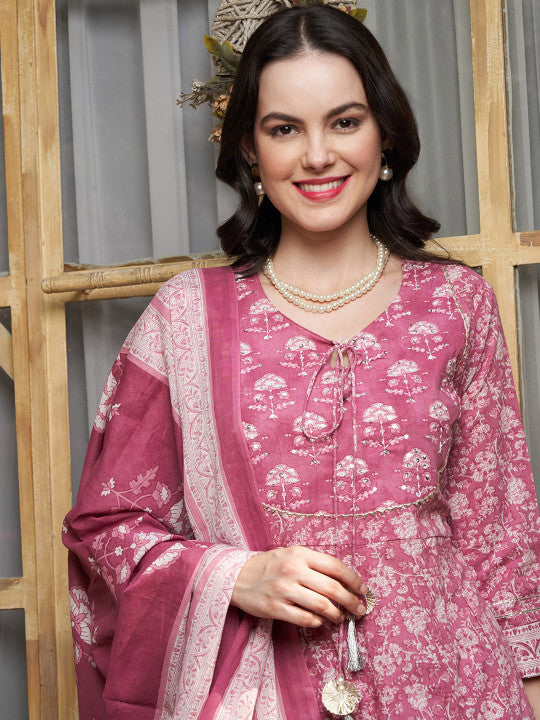Floral Printed Sequinned Pure Cotton A-Line Kurta & Trouser With Dupatta